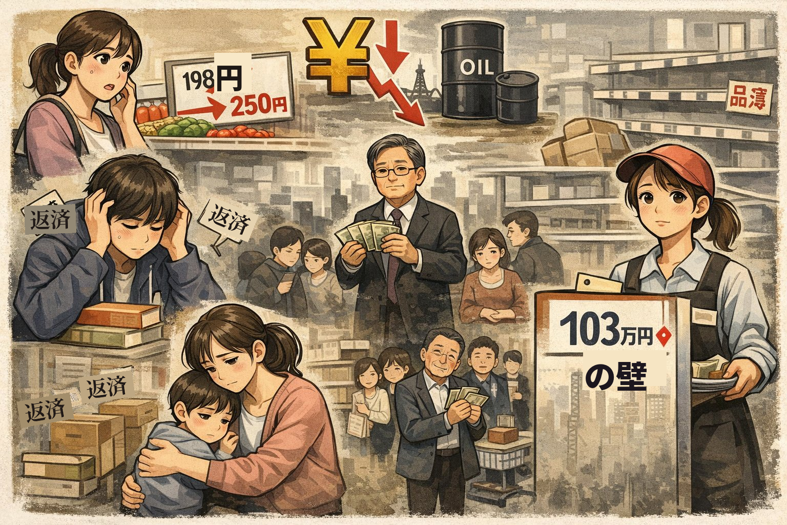 収入の不安を抱える日々のイラスト